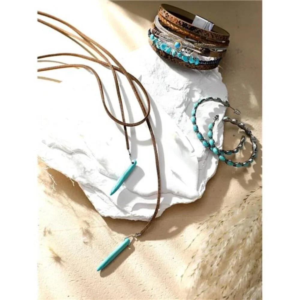 3 Pcs Western Jewelry set, Boho Pendant Long Choker, earrings, bracelet set